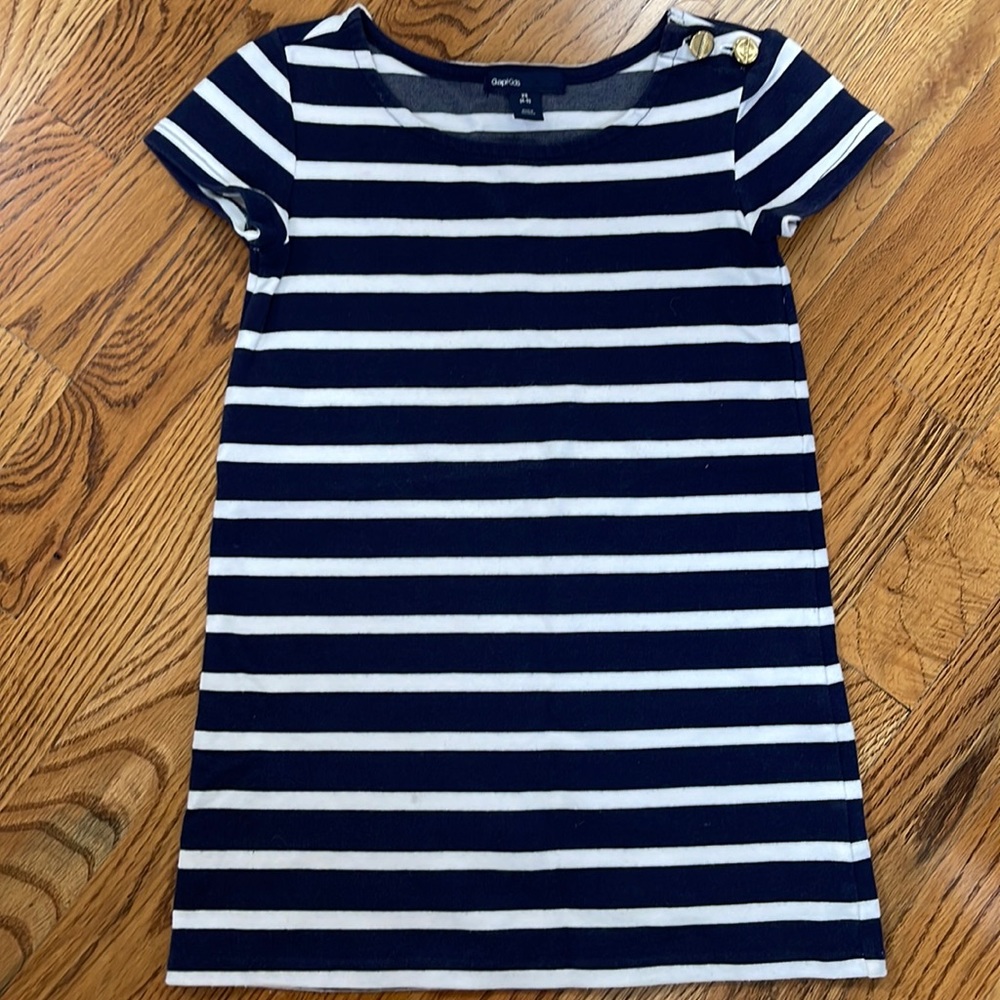 Navy blue stripped tee shirt dress with gold buttons